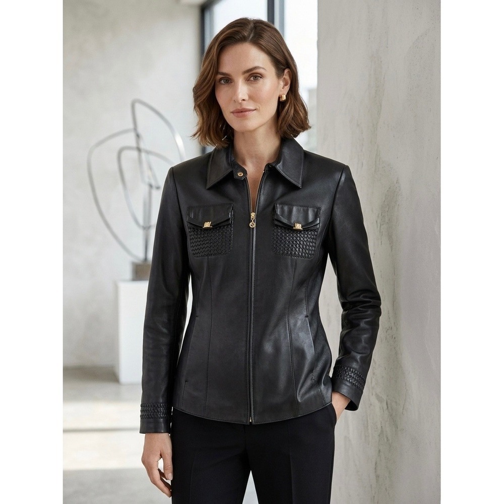 St John Sport Marie Gray Black Leather Jacket Woven Trim Gold Hardware Small